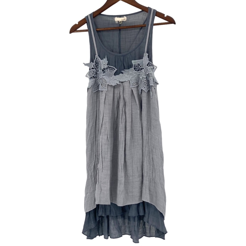 Anthropologie A'reve Grey Gauze Layered Mini Dress Hi-Low Style Tie Back Lace